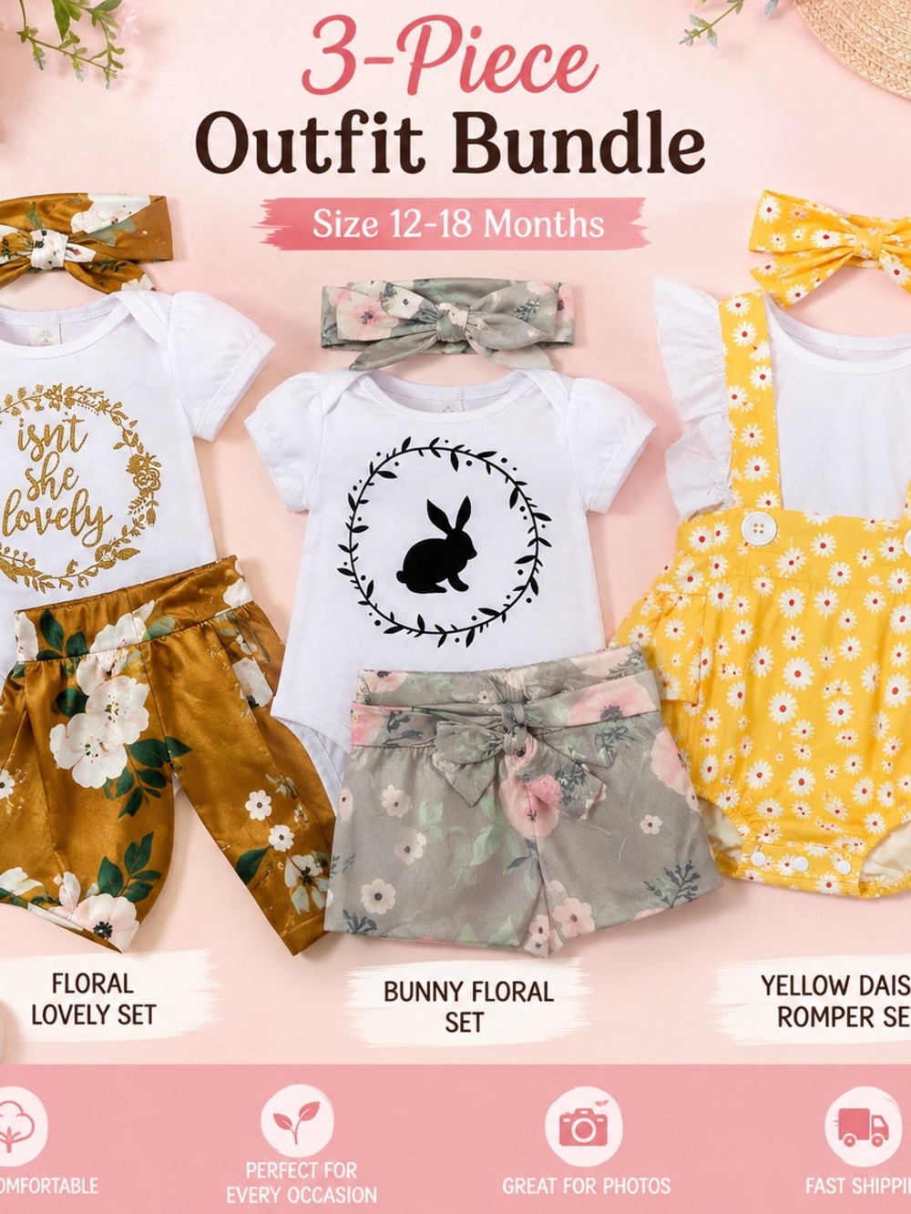 B3-Piece Kids Outfit Bundle - White & Yellow Floral Sets